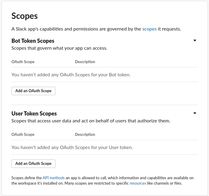 Slack Web UI - Slack App Scopes